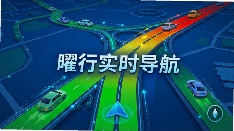 一张动态效果示意图,展示曜行实时导航地图上道路颜色从绿色渐变到黄色再到红色的过程,周围有车辆图标移动,画面中央标注“曜行实时导航”字样,整体风格科技感强,蓝色调为主,细节丰富,画质清晰,无多余元素