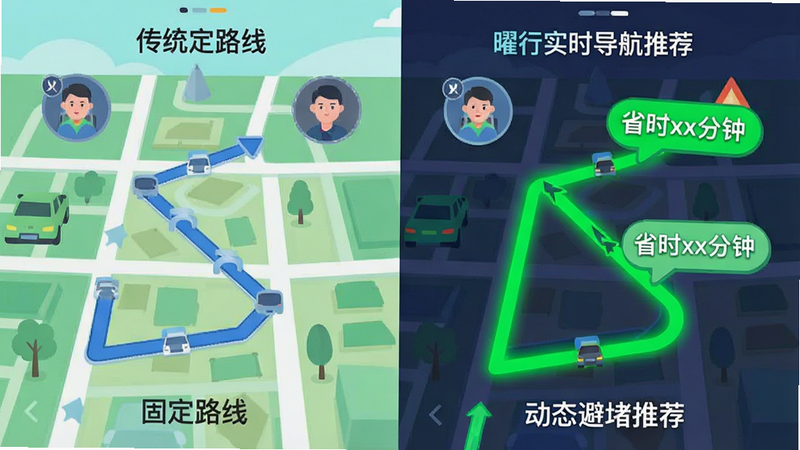 一幅对比图风格的插画,左侧为传统导航的固定路线,右侧为曜行实时导航推荐的动态避堵路线,右侧路线用亮绿色线条突出,并伴有“省时xx分钟”的提示气泡,整体风格扁平化,色彩鲜明,突出智能避堵的优势,画面干净,无多余元素