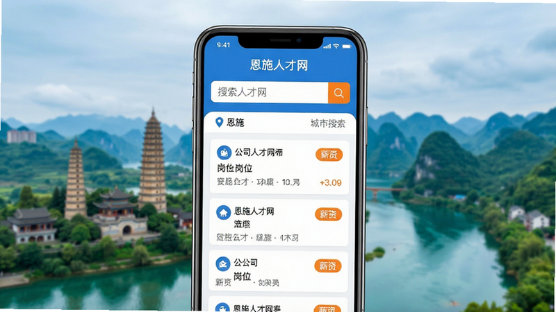 ���壺�ֻ���Ļչʾ��ʩ�˲���App���棬��������ʾְλ�б��������������ж�λ����ʩ��������Ϊ��ʩ���������������ݳ��еر�����ɽ��ˮ�����֣��ֻ����У������������Ϸ�Ϊ�������·�Ϊְλ��Ƭ�б����������ף��Ű棺����ִ�����Ƭʽ��ƣ���Ϣ�㼶���������дʵ���ƽ��ϣ�ɫ��������Ϊ������ɫ��׺��ϸ�ڣ���Ļ����ʾ����ʩ�˲�����������ְλ��Ƭ�й�˾���ơ���λ���ơ�н�ʱ�ǩ�����ʣ����塢�ɾ����޶���Ԫ��