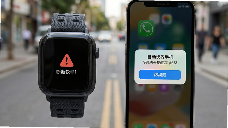一张智能手表与手机并排展示的图片,手表屏幕显示断开连接警告图标,手机屏幕显示“自动快找手机”的防丢提醒弹窗,背景为户外街道模糊处理,主体突出,布局左右对称,风格写实,细节包括弹窗按钮和手表表带纹理,画质清晰干净,无多余元素