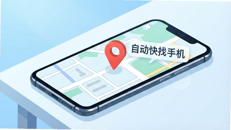 图片显示一部智能手机平放在桌面上,屏幕亮起显示地图定位界面,地图上有一个醒目的红色定位图标,旁边悬浮着“自动快找手机”的软件名称字样,背景为简洁的浅蓝色渐变,整体布局干净清爽,风格为现代扁平化插画,细节包括手机边框高光、地图道路线条清晰,画质高清干净,无多余元素