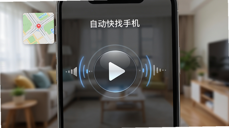 手机屏幕特写显示“自动快找手机”的响铃控制界面,界面中央有一个大大的播放按钮,周围有音量波动线条特效,地图缩略图在屏幕角落,背景为室内家居环境虚化,主体突出,布局居中,风格写实,细节包括按钮光影和地图道路,画质高清干净,无多余元素