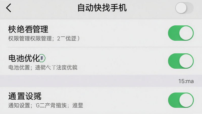 手机截图展示“自动快找手机”的设置页面,从上到下排列着权限管理、电池优化、通知设置等选项,每个选项旁边有开关图标,背景为浅灰色,主体突出,布局整齐,风格写实,细节包括开关按钮和文字说明,画质干净无多余元素