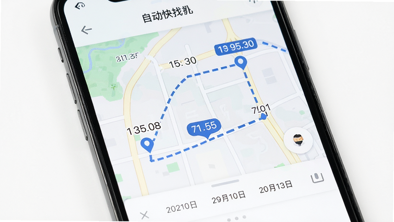 手机屏幕上显示“自动快找手机”的历史轨迹页面,地图上有一条蓝色虚线路径,路径上分布着几个时间标记点,下方有日期选择器,背景为纯白色,主体突出,布局上下结构,风格扁平化,细节包括时间字体和地图标记,画质干净无多余元素