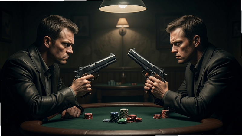 Shotgun Roulette心理博弈功能展示图,主体为两个角色面对面坐在昏暗房间内的赌桌旁,各自手持手枪,面部表情严肃,眼神交汇充满敌意,桌面中央摆放着筹码,电影级光影,细节丰富,画质干净