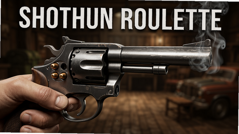 Shotgun Roulette游戏特色预览图,主体为手持左轮手枪的特写,枪口冒烟,弹巢打开可以看到子弹位置,背景虚化,突出紧张感,写实风格,高动态范围,画质清晰