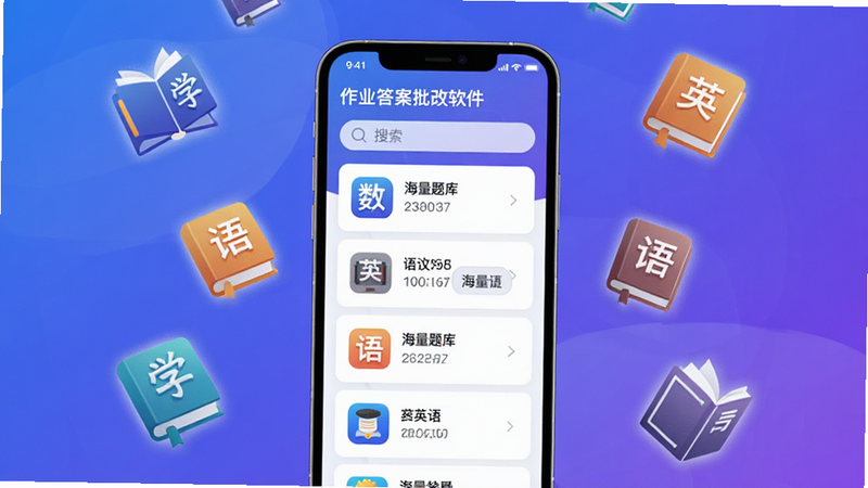 ���壺��ҵ���������������棬��ʾ������Ŀ�б�������ѧ�����ġ�Ӣ��ͼ�ꡣ���֣��������ֻ���Ļ������Ư���Ų�ͬ��Ŀ���鱾ͼ�ꡣ�Ű棺��Ļ�������������Ŀ��Ƭ����ע��������⡱������ִ��Ƽ��У�����ɫ���䱳����ϸ�ڣ���Ŀ��Ƭ�����ɶ������ʸ��壬�ɾ��޶���Ԫ�ء�