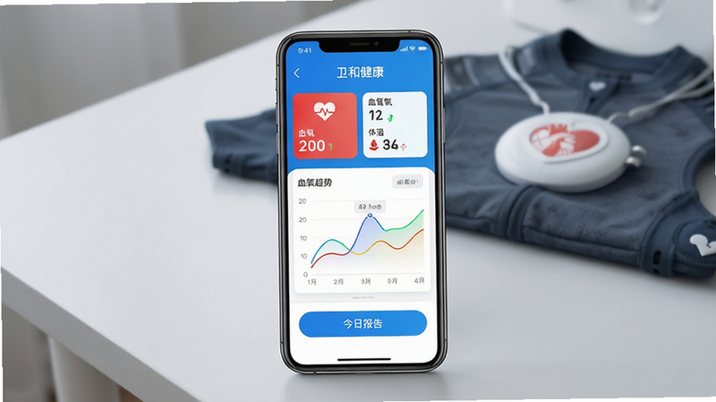 画面主体为智能手机屏幕展示“卫和健康”APP主界面,界面以蓝色和白色为主色调,顶部显示心率、血氧、体温等数据卡片,中部为彩色趋势折线图,底部有“今日报告”按钮;背景为浅灰色桌面,摆放一部智能护心衣设备;布局居中,平视角度,风格写实,细节清晰,画质高清,干净无多余元素,图片中文字标注“卫和健康”