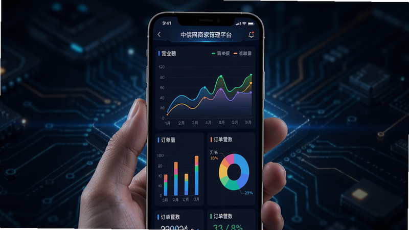 画面主体为手机竖屏显示“中信网商家管理平台”数据看板页面,页面中有折线图、柱状图、饼图展示营业额、订单量等数据,图表色彩鲜艳。背景为深色科技感光效,突出数据可视化。整体风格为科技感UI设计,细节丰富,画质高清。