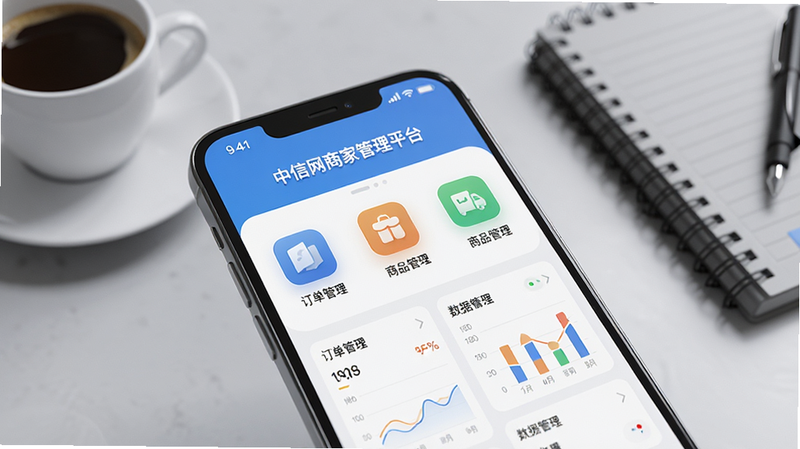 画面主体为一部智能手机屏幕特写,屏幕中清晰显示“中信网商家管理平台”APP主界面,界面包含订单管理、商品管理、数据图表等彩色功能图标,整体布局简洁现代。背景为浅灰色办公桌面,放有一杯咖啡和笔记本,营造商务氛围。画面风格为写实3D渲染,细节丰富,画质高清,光线柔和,无多余元素。