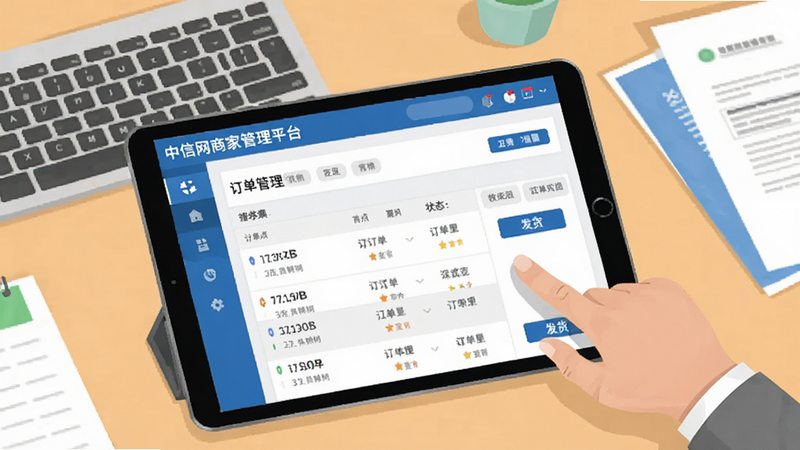 画面主体为平板电脑横屏显示“中信网商家管理平台”订单管理页面,页面上有订单列表、状态标签、发货按钮等UI元素,旁边有一只手正在点击屏幕。背景为整洁的办公桌,有键盘和文件。整体为扁平化风格插画,色彩明快,细节干净,画质清晰。
