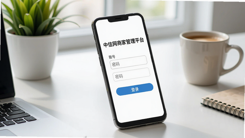 画面主体为一台安卓智能手机,屏幕显示“中信网商家管理平台”登录界面,有账号、密码输入框和登录按钮。背景为简约工作台,有绿植和咖啡杯。画面风格为写实摄影风格,光线明亮,细节清晰,画质高清。