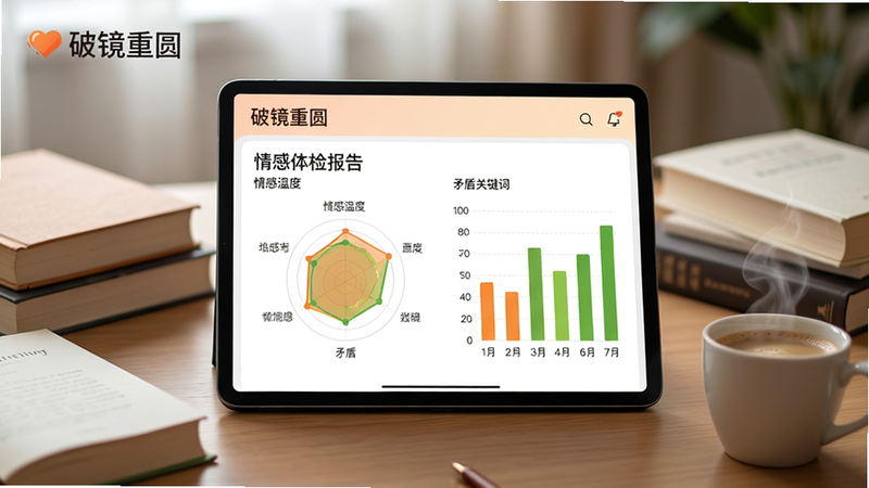 主体:一张温馨的书桌,桌面上放着一台平板电脑,屏幕显示《破镜重圆》APP的“情感体检报告”界面,用彩色图表展示“情感温度”和“矛盾关键词”。布局:平板电脑位于画面中央,周围散落着几本书和一杯冒着热气的咖啡。排版:屏幕上的报告以圆形雷达图和柱状图为主,清晰直观。风格:写实摄影风格,景深浅,背景虚化,光线柔和。细节:图表颜色以暖橙色和草绿色为主,界面左上角有“破镜重圆”的LOGO。画质:4K高清,细节丰富,画面干净。