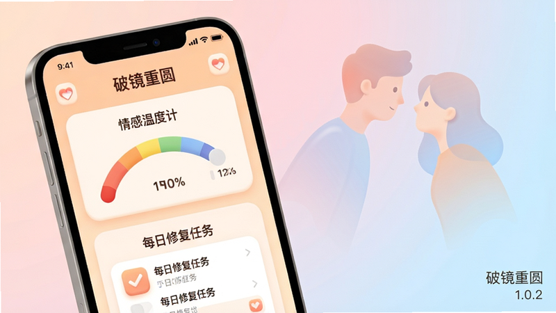 主体:一部现代智能手机屏幕占据画面中央,屏幕内显示《破镜重圆》APP的界面,界面风格温馨柔和。布局:手机位于画面中心偏左,右侧留白区域以淡粉色和浅蓝色渐变背景衬托,上方漂浮着两个半透明的抽象人形轮廓,正缓缓靠近。排版:手机屏幕内展示着“情感温度计”和“每日修复任务”的UI元素。风格:扁平化插画风格,结合轻微的3D质感,整体色调柔和温暖。细节:画面右下角有小小的“破镜重圆”字样水印,以及“1.0.2”版本号。画质:高清,干净,无多余元素。