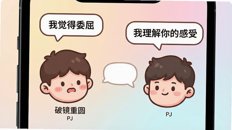 主体:两个卡通人物头像在手机屏幕上进行对话,气泡中分别显示“我觉得委屈”和“我理解你的感受”。布局:手机屏幕占据主要画面,屏幕内是两个并排的卡通头像,中间有对话气泡连接。排版:对话界面简洁,背景是柔和的渐变色。风格:可爱的卡通插画风格,线条圆润。细节:头像下方有“破镜重圆”的英文名“PJ”小字。画质:矢量图风格,高分辨率,干净无杂质。