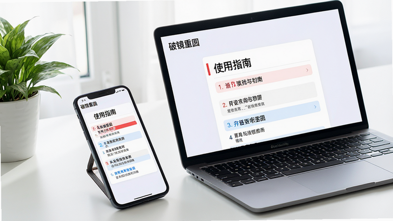 主体:一部手机和一台笔记本电脑并排放在桌上,屏幕上都显示着《破镜重圆》APP的“使用指南”界面,界面内有清晰的步骤列表。布局:手机和电脑成对角线摆放,画面整洁。排版:屏幕上的文字清晰可见,重点步骤用红色和蓝色标注。风格:现代简约风格,明亮的室内光线。细节:画面一角有绿色植物点缀,界面左上角有“破镜重圆”字样。画质:高清,锐利,无多余元素。