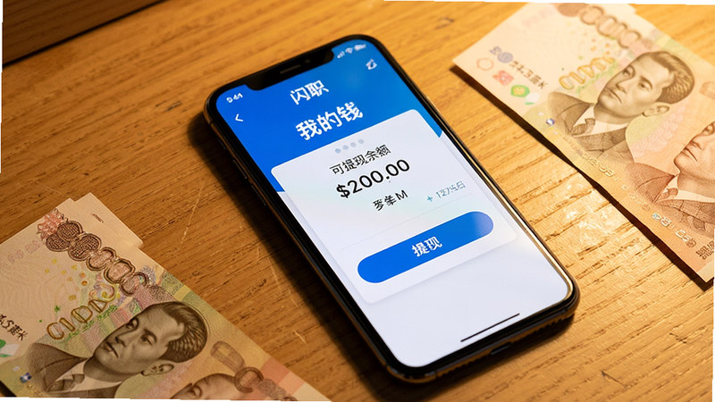 ���壺һ���ֻ�ƽ�������棬��Ļ����ʾ����ְ��Ӧ�õġ��ҵ�Ǯ����ҳ�棬�����ְ�ť�����֣������ӽǣ��ֻ���Χ����ɢ�ļ���������ֽ��Ű棺��Ļҳ����ʾ�����������͡����֡���ť�����дʵ��Ӱ���ůɫ���ƹ⡣ϸ�ڣ������������۽����ֻ���Ļ���޶���Ԫ�ء�
