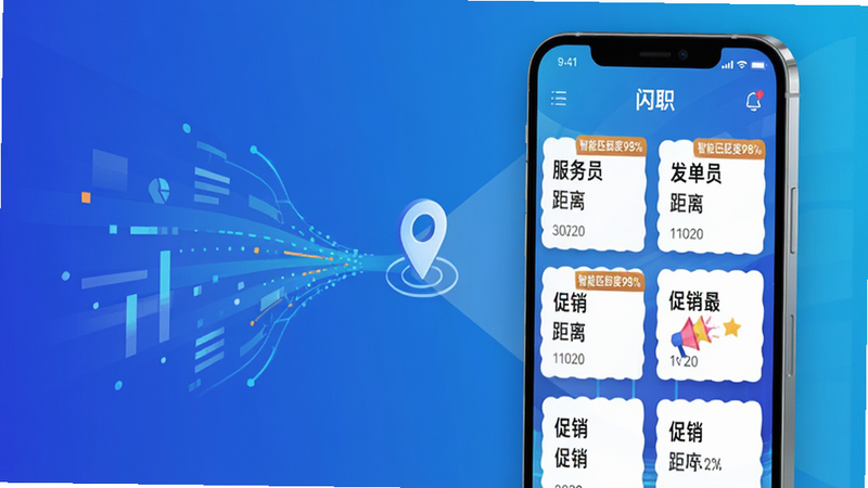 ���壺һ�������ֻ����棬չʾ����ְ��APP��ְλƥ��ҳ�棬�ж��������Ƭ�����֣��ֻ����ڻ����Ҳ࣬����г��󻯵��������Ͷ�λͼ��ָ���ֻ����Ű棺��Ƭʽ���֣�ÿ����Ƭ���С�����Ա����������Ա��������������ְλ���ƺ;��롣��񣺿Ƽ��в廭�����ɫ���䱳����ϸ�ڣ���Ƭ���С�����ƥ���98%���ı�ǩ�������������޶���Ԫ�ء�