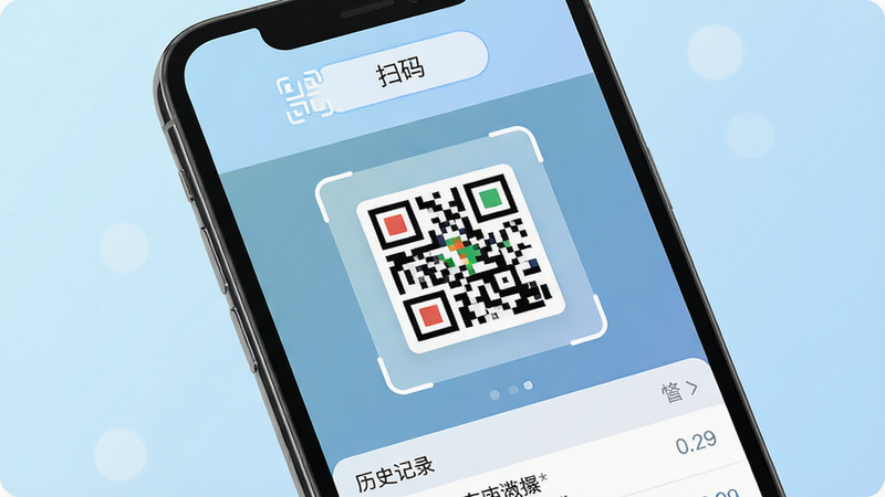 一张智能手机屏幕特写,屏幕上显示微二维码查扫码的主界面,界面顶部有“扫码”按钮,中间是取景框对准一个彩色二维码,底部有历史记录列表,背景为浅蓝色渐变,整体风格简洁现代,UI设计干净,画质高清,无多余元素