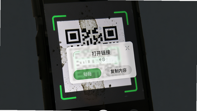 微二维码查扫码识别界面,手机镜头对准一张带有污渍的二维码,屏幕边缘显示识别成功的绿色边框,同时弹出识别结果卡片,卡片上有“打开链接”和“复制内容”按钮,背景为深灰色,突出扫描识别效果,画质细腻