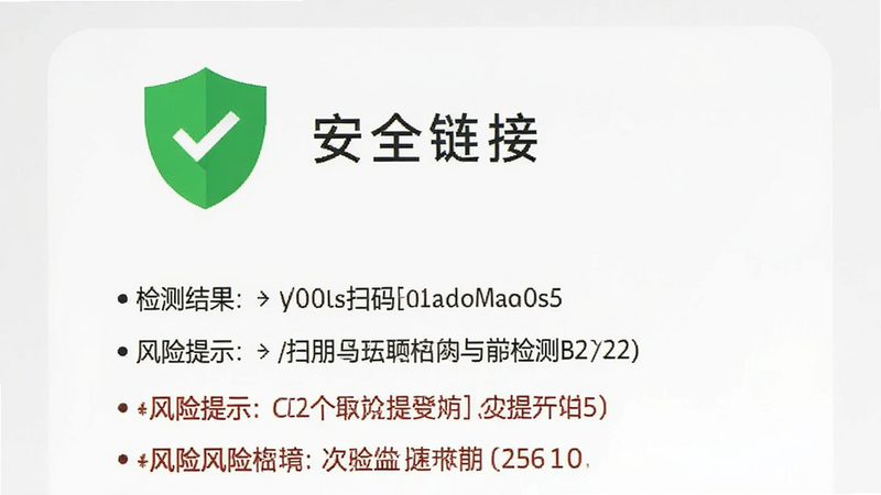 微二维码查扫码的安全检测页面,显示一个绿色盾牌图标,旁边有“安全链接”字样,下方列出检测结果和风险提示,背景为浅灰色,界面简洁明了,画质清晰,无多余元素