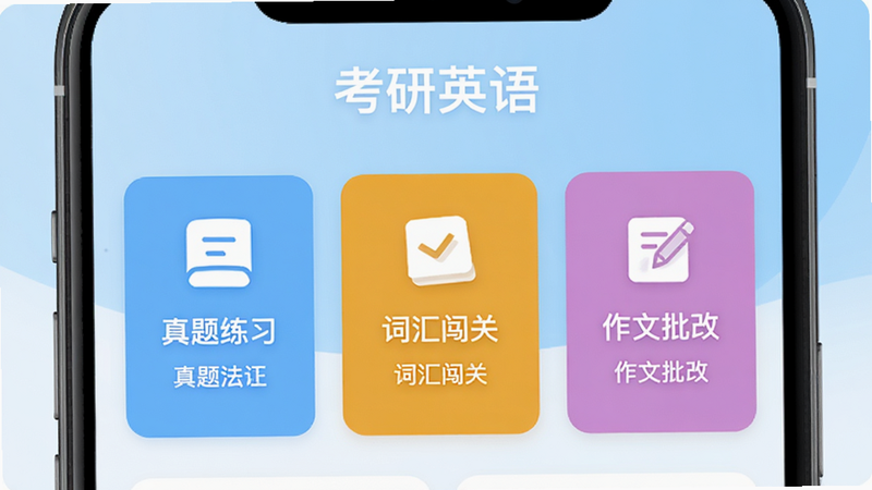 考研英语APP主界面预览图,展示首页功能模块,包含“真题练习”、“词汇闯关”、“作文批改”等卡片式布局,背景为淡蓝色渐变,顶部有“考研英语”字样,整体风格简洁清新,扁平化设计,画质清晰,无多余元素