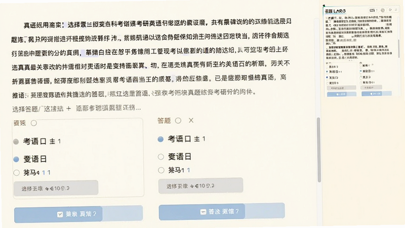 考研英语真题练习界面截图,展示选择题答题页面,上方显示文章段落,下方为选项按钮,右侧有答题卡缩略图,背景为米白色,整体风格干净整洁,文字清晰可读,无多余元素