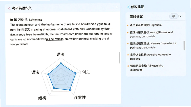 考研英语作文批改界面,展示一篇英语作文,下方有评分雷达图,包含语法、词汇、结构、连贯性四项指标,旁边有修改建议列表,背景为浅蓝色,风格简洁专业,无多余元素