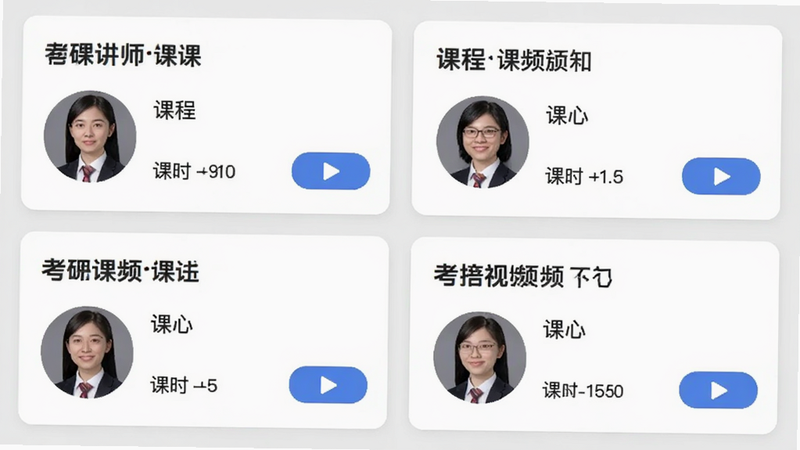 考研英语视频课程列表,展示四个课程卡片,每个卡片包含课程名称、讲师头像、课时数和播放按钮,背景为浅灰色,布局整齐,风格简洁大方,画质清晰,无多余元素