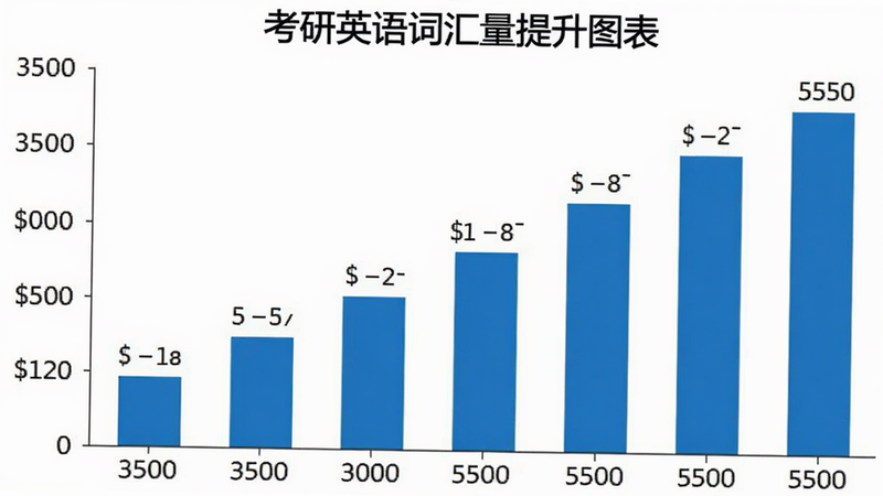 考研英语词汇量提升图表,展示一个柱状图,从3500增长到5500,背景为白色,图表颜色为蓝色,简洁专业,无多余元素