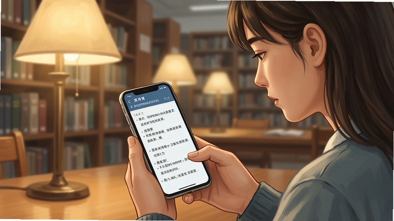 考研英语学习场景插图,展示一位学生用手机在图书馆学习考研英语,手机屏幕上有真题练习界面,背景为书架和暖色灯光,风格写实,画质清晰,干净无多余元素