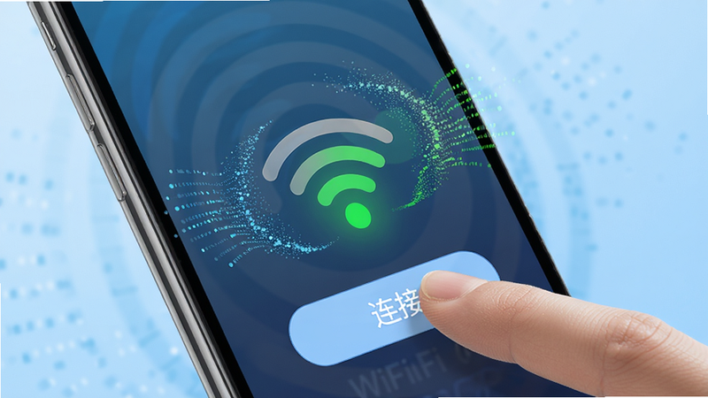 һ�Ŷ�̬Ч��ͼ��չʾ�ֻ���Ļ�ϵ�wifi��������Ӧ�ã���ָ��������ӡ���ť��WiFi�ź�ͼ��ӻ�ɫ��Ϊ��ɫ����Χ����������������Ч��������Ϊǳ��ɫ���䣬������Ƽ���ʮ�㣬�����������޶���Ԫ��