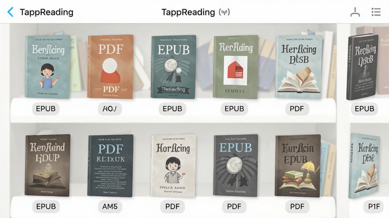 一张TappReading书架界面截图,展示多本不同格式的电子书整齐排列,每本书封面下方标注格式标识如“EPUB”、“PDF”,界面清爽,色彩柔和,细节丰富,画质清晰。