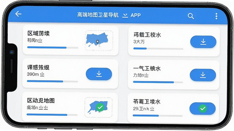 主体:高端地图卫星导航APP的离线地图下载页面,手机屏幕显示下载管理列表。布局:手机竖屏,列表中有多个区域包,进度条显示下载状态。排版:每个区域包有名称、大小和下载按钮。风格:简洁列表风格,蓝色主色调。细节:已完成下载的包有绿色对勾标记。画质:清晰,干净无多余元素,无文字。