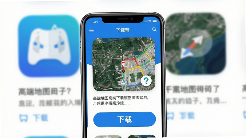 主体:手机屏幕上展示高端地图卫星导航APP的下载页面,有“下载”按钮。布局:手机居中,屏幕内容清晰,背景为应用图标与简介。排版:页面简洁,下载按钮醒目。风格:扁平设计,蓝色调。细节:按钮上有“下载”文字。画质:高清,干净无多余元素,无文字。