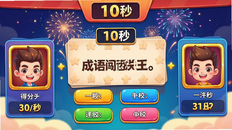 ���壺���ﴳ������Ϸ�Ķ�սģʽ���棬��������ֱ�Ϊ������ҵ�ͷ��͵÷֣��м���ʾһ��������Ŀ�����֣���Ļ����Ϊ��Ŀ��Ƭ����������Ϊ�����Ϣ��壬�����е���ʱ�����Ű棺�������UI����ͨͷ�񣬵÷�������Ŀ����񣺻���������ɫ�ʶԱ��������������̻���Ч��ϸ�ڣ�����ʱ��ʾ��10�롱����Ŀ�·����ĸ�ѡ�ť�����ͷ����н�ɫ�߿򡣻��ʣ����壬�����������޶���Ԫ�أ��ɾ����䡣