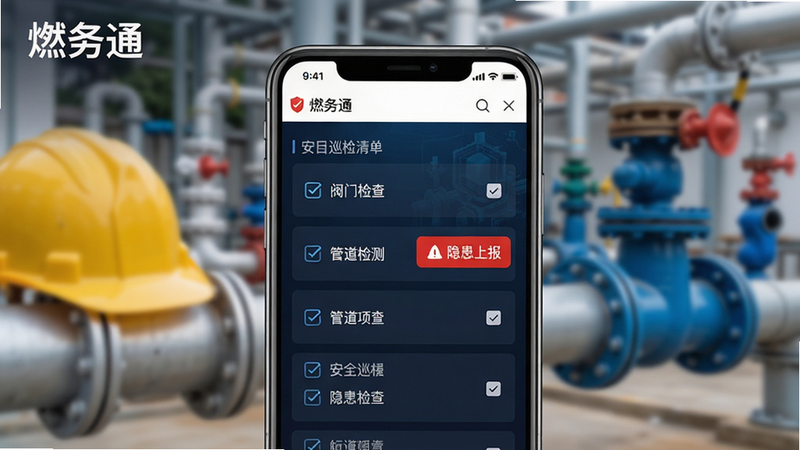 ���壺ȼ��ͨAPP�ġ���ȫѲ�족���ܽ��棬��ĻչʾѲ���嵥�����������ż�顱�����ܵ���⡱��ѡ��Ա��С������ϱ�����ɫ��ť�����֣��ֻ���Ļռ�ݻ������룬����Ϊģ����ȼ���ܵ���ʩ���Ű棺Ѳ����Ŀ���б���ʽ���У���ѡ�������ɼ�����񣺿Ƽ���UI��ƣ���ɫ��ť��Ŀ��ϸ�ڣ���Ļ���Ͻ���ʾ��ȼ��ͨ�������������а�ȫñ�����ʣ��������ȣ��ɾ����޶���Ԫ�ء�