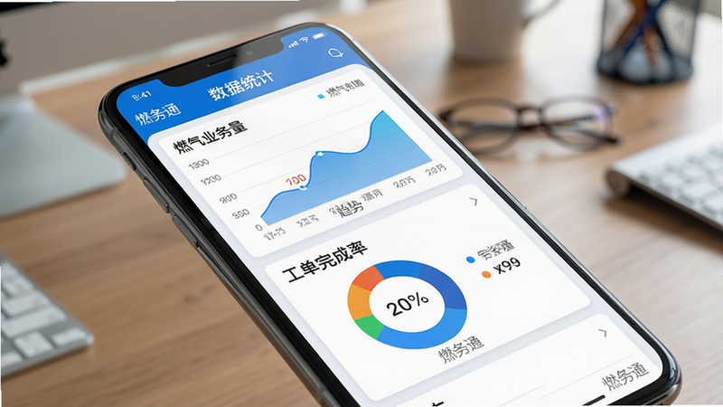 ���壺ȼ��ͨAPP������ͳ��ҳ�棬��Ļ����ʾȼ��ҵ��������ͼ����������ʻ���ͼ�ȡ����֣����ͼ����Ƭ���ȷֲ����ֻ���Ļ�ϣ�����Ϊ�칫���档�Ű棺ͼ��ɫ�ʷḻ�����ݱ�ǩ����������������ݿ��ӻ��������������ϸ�ڣ�ͼ���·��С�ȼ��ͨ��ˮӡ����Ļ������Ȼ�����ʣ�������Ⱦ���ɾ����޶���Ԫ�ء�