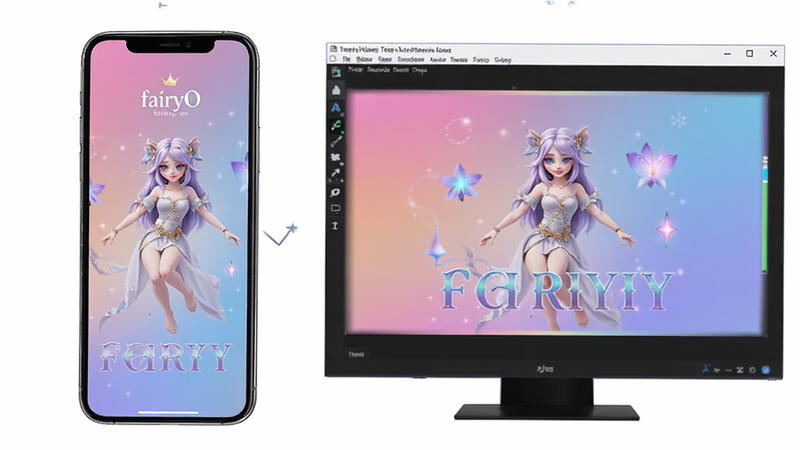 fairyO应用在手机和电脑模拟器上运行的效果对比图,左侧是手机屏幕,右侧是电脑模拟器窗口,两者显示相同的主界面,背景为渐变色,整体构图平衡,画质清晰,无多余元素