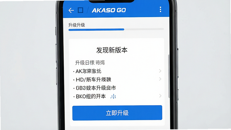 主体:手机界面显示AKASO GO的固件升级页面,有“发现新版本”提示和“立即升级”按钮。布局:页面居中,信息简洁,按钮突出。排版:升级日志以列表形式展示。风格:简约商务风,蓝白配色。细节:页面顶部有“AKASO GO”字样,升级进度条显示,背景为浅灰色。画质:清晰,干净,无多余元素。