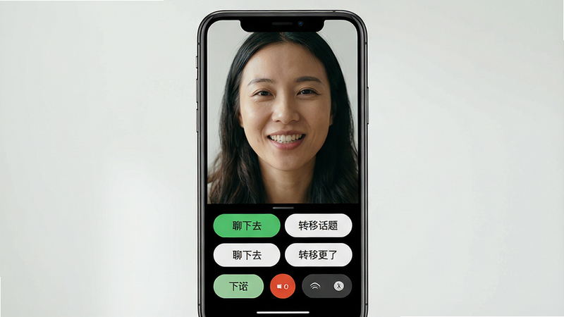 ���壺�ֻ���Ļ������ʾ��Ƶͨ�����棬������һλŮ�Խ�ɫ΢Ц���ž�ͷ˵���������·��ж���Ի�ѡ�ť�����֣������ֻ���Ļ��ͼ���Ϸ�Ϊ��Ƶ�����·�Ϊѡ�������Ű棺��Ƶ����ռ����Ļ�ϲ�����֮����ѡ�ť�������С����дʵ��Ӱ�ʸУ�ģ����ʵ��Ƶͨ���������档ϸ�ڣ���ɫ�沿������Ȼ����ť��������ѡ�����֡�����ȥ����ת�ƻ��⡱�ȡ����ʣ������������ɾ��޶���Ԫ�ء�