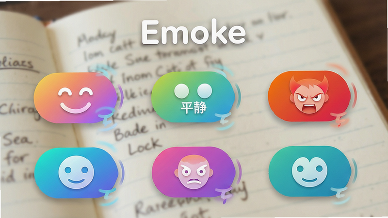 一幅手机应用功能预览图,界面以“Emoke”为标题,下方展示有多个色彩斑斓的心情标签图标,如开心、平静、焦虑、愤怒等,每个图标都有对应的渐变色彩和微动效示意,背景为模糊的日记本纹理,整体风格明亮且富有活力,布局规整,画质清晰,无多余元素