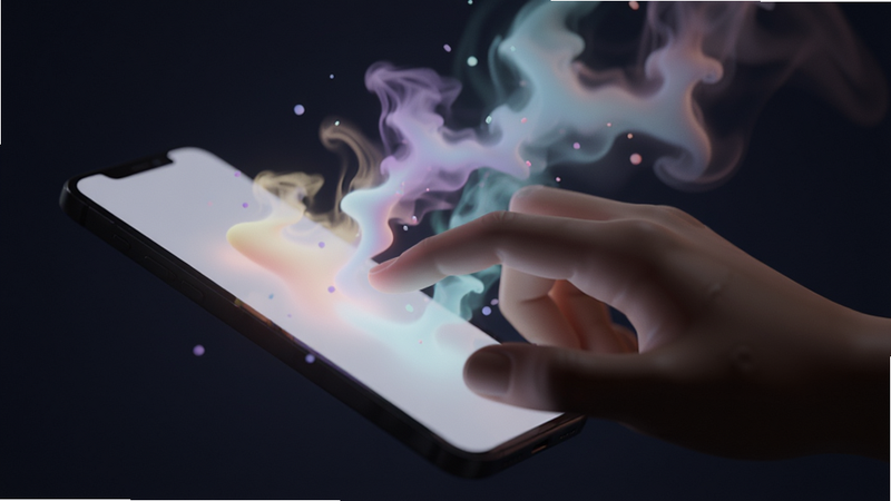一张动态效果示意图,图片中心是一只手正在触摸手机屏幕,屏幕上散发出大量柔和且色彩渐变的粒子光效,模拟烟雾缭绕的质感,背景为深色,突出光效的绚丽,整体风格神秘且治愈,画质细腻,无多余元素