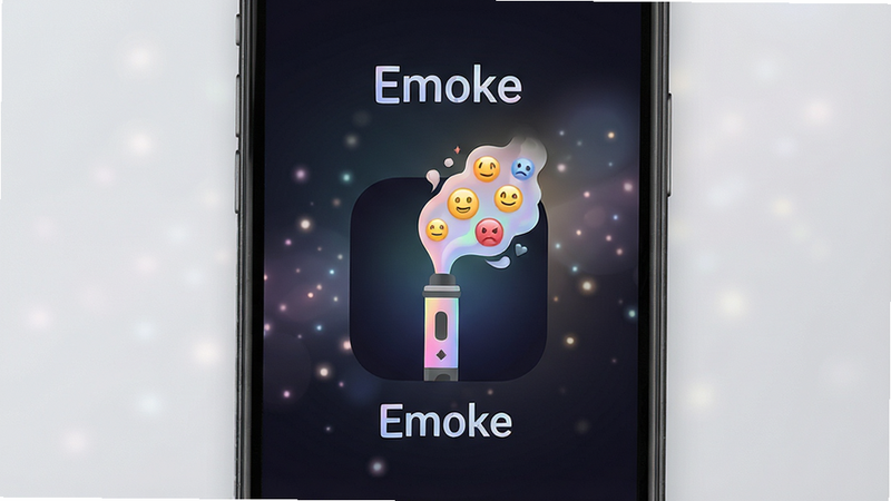 一张智能手机屏幕特写,屏幕正中间清晰显示“Emoke”应用界面,界面风格为深色渐变背景配以柔和的光效颗粒,主视觉是一支正在散发出柔和彩色烟雾的电子烟形态图标,烟雾中隐约浮现出代表不同心情的表情符号,整体布局简洁现代,画质干净,无多余元素,强调APP的科技感与治愈感,竖版构图