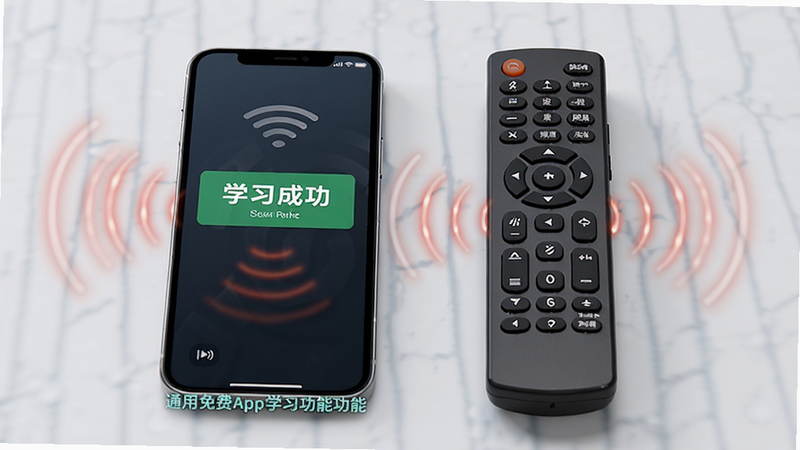 一张展示空调遥控器通用免费App学习功能的图片,主体是手机和实体遥控器并排摆放,手机屏幕显示“学习成功”提示,布局对称,风格科技感强,细节包括红外信号波纹效果,画质清晰,无多余元素。
