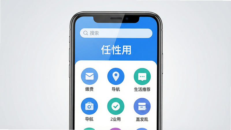 主体:手机屏幕展示“任性用”主界面,上方有搜索栏,下方排列整齐的圆形功能图标,包括缴费、导航、生活推荐等。布局:居中构图,界面清晰,图标间距均匀。排版:现代简约风格,图标下方配中文文字标签。风格:扁平化设计,色彩明快,以蓝白为主色调。细节:屏幕高光反射,背景为浅灰色渐变,突出APP界面。画质:高清渲染,干净无多余元素。