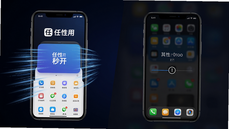 主体:两部手机并排,左侧手机打开“任性用”秒开,右侧手机显示其他应用加载中。布局:对比构图,突出速度差。排版:简洁明了,左侧手机屏幕有“任性用”logo和主界面。风格:科技感,背景为深色渐变。细节:左侧手机周围有速度线条,体现快速。画质:高清锐利,干净无多余元素。