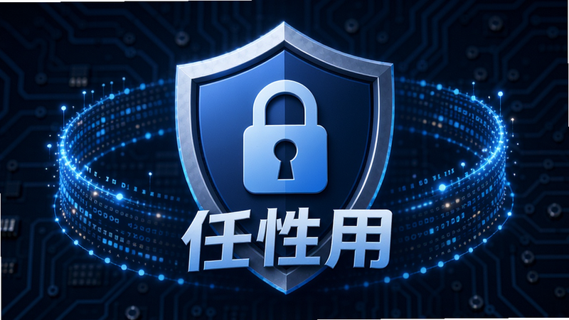主体:盾牌图标与“任性用”logo结合,周围有数据流环绕。布局:居中对称,盾牌在中央。排版:简洁,盾牌内有锁形图案。风格:安全科技风,蓝色调。细节:数据流带有光效,背景为电路板纹理。画质:高精度渲染,干净无多余元素。