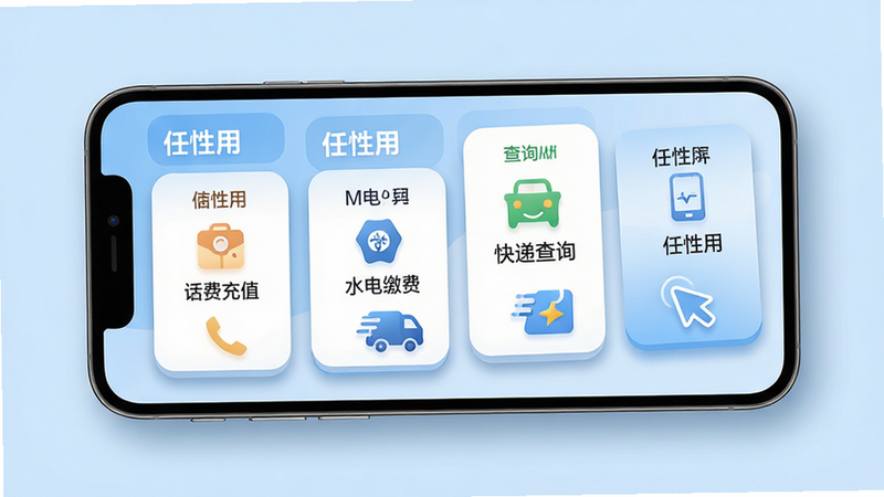 主体:手机横向排列展示“任性用”内多个服务卡片,包括话费充值、水电缴费、快递查询等。布局:多卡片平铺,错落有致。排版:卡片圆角设计,每个卡片内有图标和名称。风格:清新商务风,背景为浅蓝色。细节:卡片阴影效果,点击高亮状态。画质:细腻清晰,干净无多余元素。