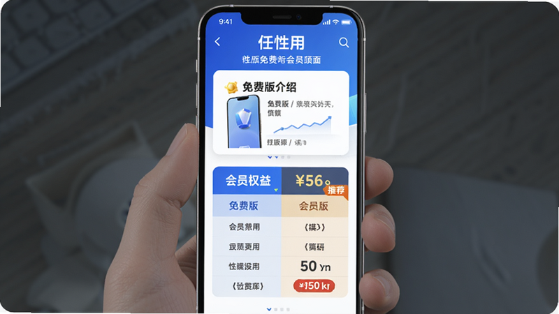 主体:手机屏幕展示“任性用”的会员页面,有免费版和会员版对比。布局:上下排列,上方是免费版介绍,下方是会员权益。排版:对比表格形式。风格:蓝色调,突出性价比。细节:会员版带“推荐”标签,价格标注清晰。画质:干净无多余元素。